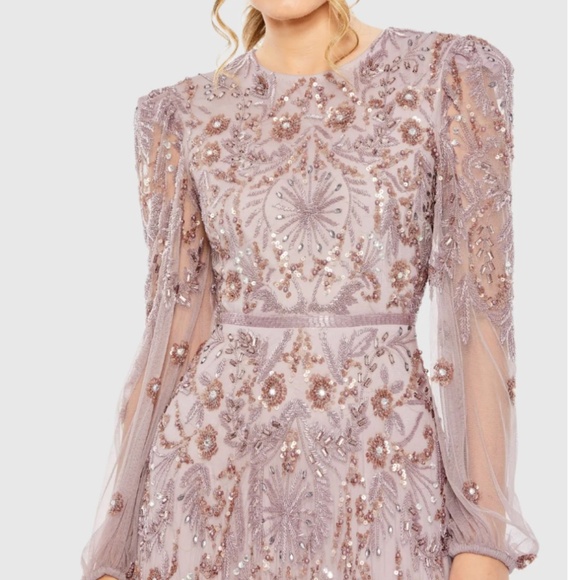 MAC DUGGAL 93930 PUFF SLEEVE EMBELLISHED A-LINE HEATHER (LILAC) GOWN sz 12 - Picture 2 of 5